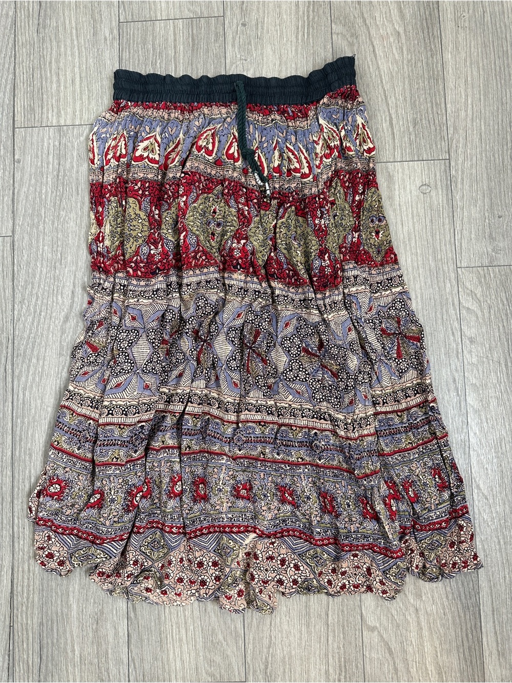VINI Bohemian Tiered Red & Blue Printed Maxi Skirt